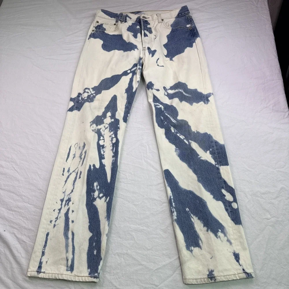 Vintage Levi 501 Jeans, Usa Made Custom Bleach Tie-Dye 3432 Rear Zip 100% Cotton